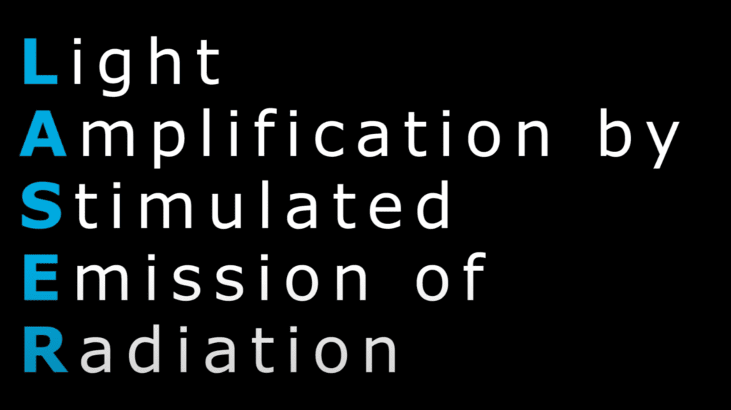 Black background with the words "light amplification" using simulated emissions of radiation, explaining how lasers work from a physics perspective.