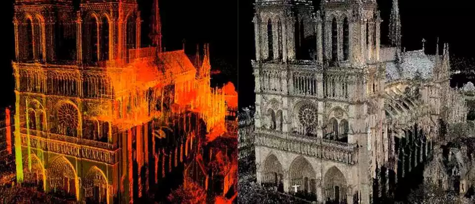 A progress update on the restoration of Notre Dame Cathedral featuring two pictures.