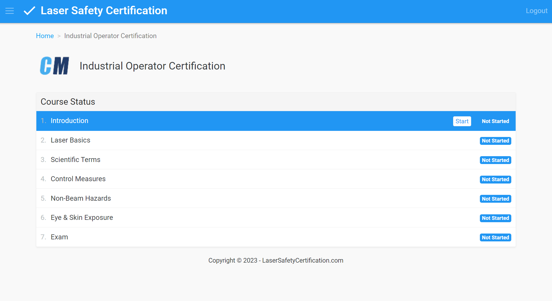 A screenshot of the industrial operator certification screen.