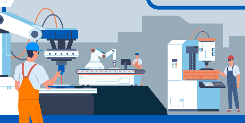 An illustration of people working in a factory with laser safety certification.