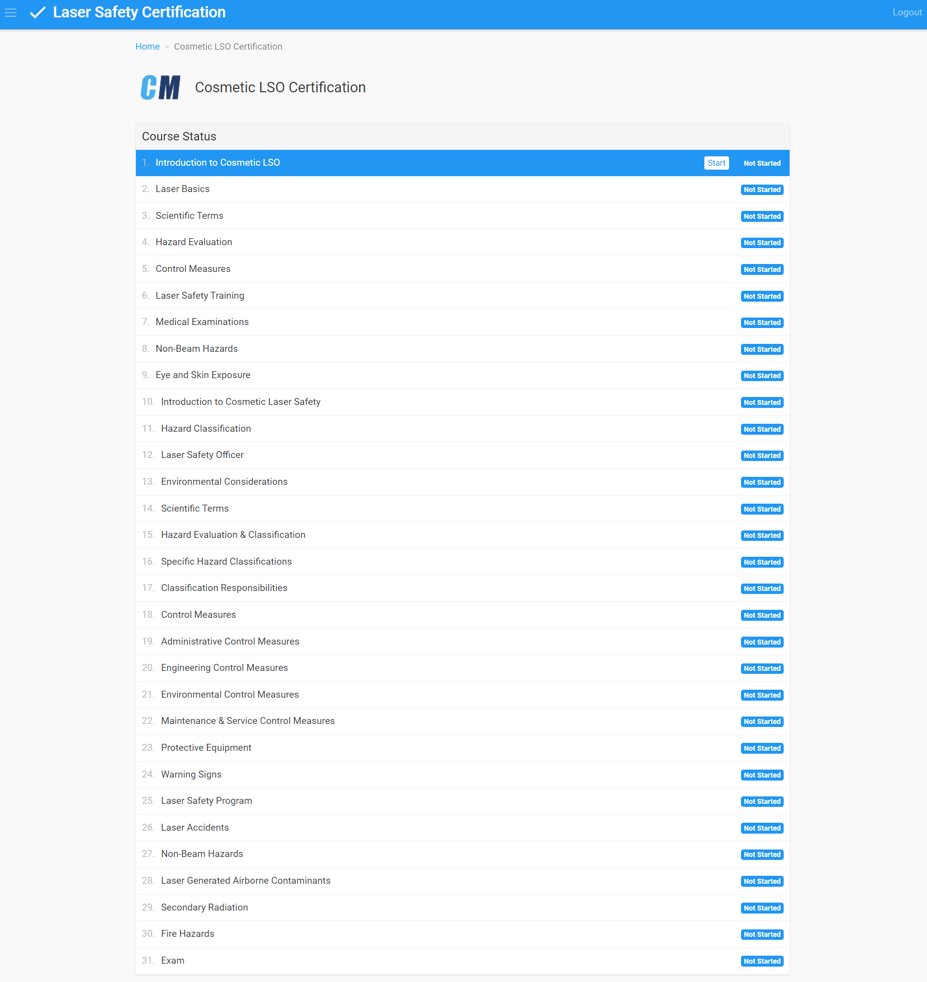 A list of laser safety certification items on a computer screen.