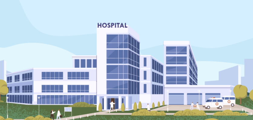 An illustration of a hospital with people in front of it, emphasizing laser safety certification.