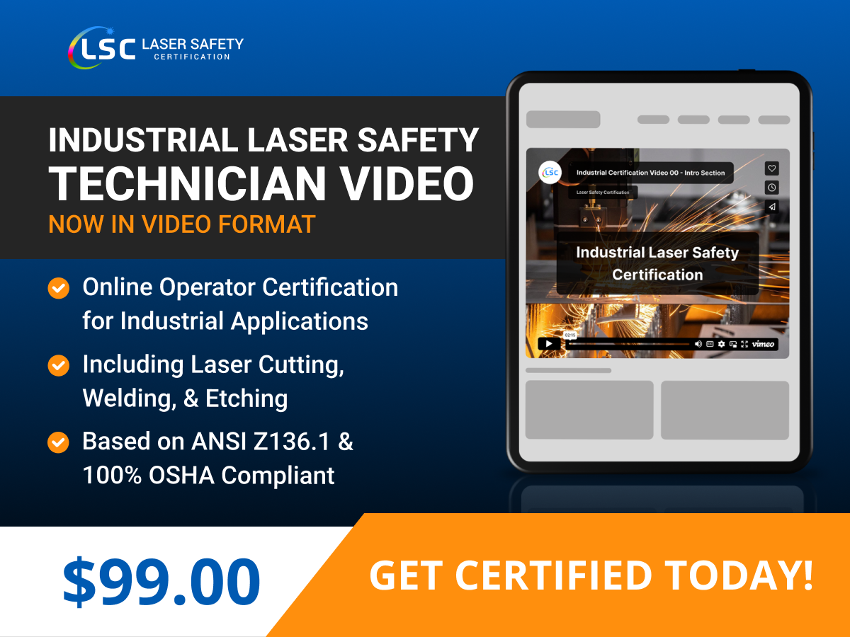 Online industrial laser technician video certification course advertisement.