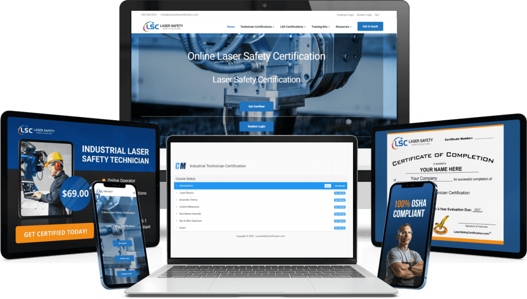 A display of electronic devices showing an online laser safety certification website and related promotional material, including a phone with promotional text and a certificate mockup.
