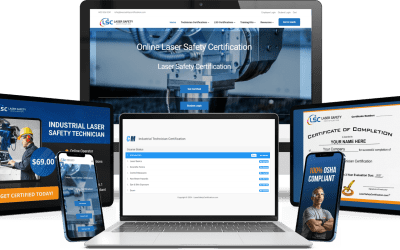 A display of electronic devices showing an online laser safety certification website and related promotional material, including a phone with promotional text and a certificate mockup.